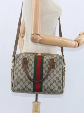 GUCCI GG Supreme Web Sherry Line Hand Bag PVC 2way Beige 67 02 3839 Auth 148415